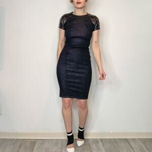 RALPH LAUREN BLACK LABEL denim bodycon mini dress lamb leather sleeve 2842